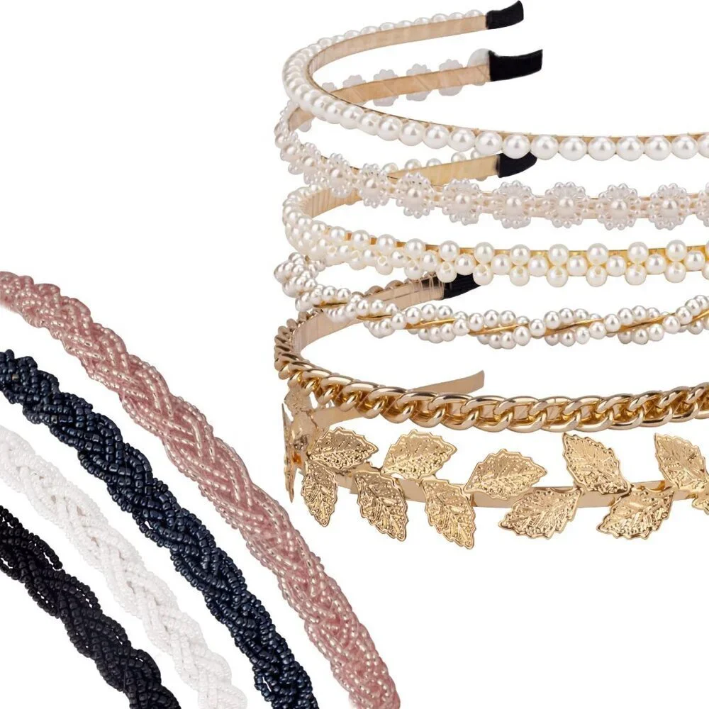 Women Girls Beaded Headbands 10 Pack Pearl Metal Non-Slip Hair Accessories